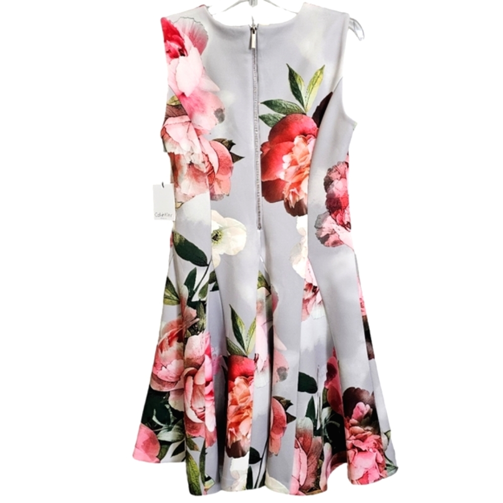 Nwt Calvin Klein Gray/Pink Abstract Floral Scuba  Sleeveless Fit& Flare Dress - Picture 10 of 17